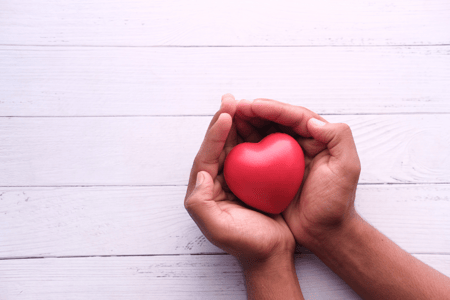 hand holds red toy heart